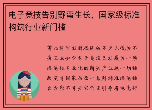 电子竞技告别野蛮生长，国家级标准构筑行业新门槛